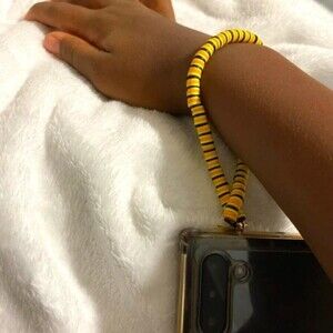 Handmade Yellow & Black Bumblebee Heishi Polymer Clay Beads Stretchy Phone Strap